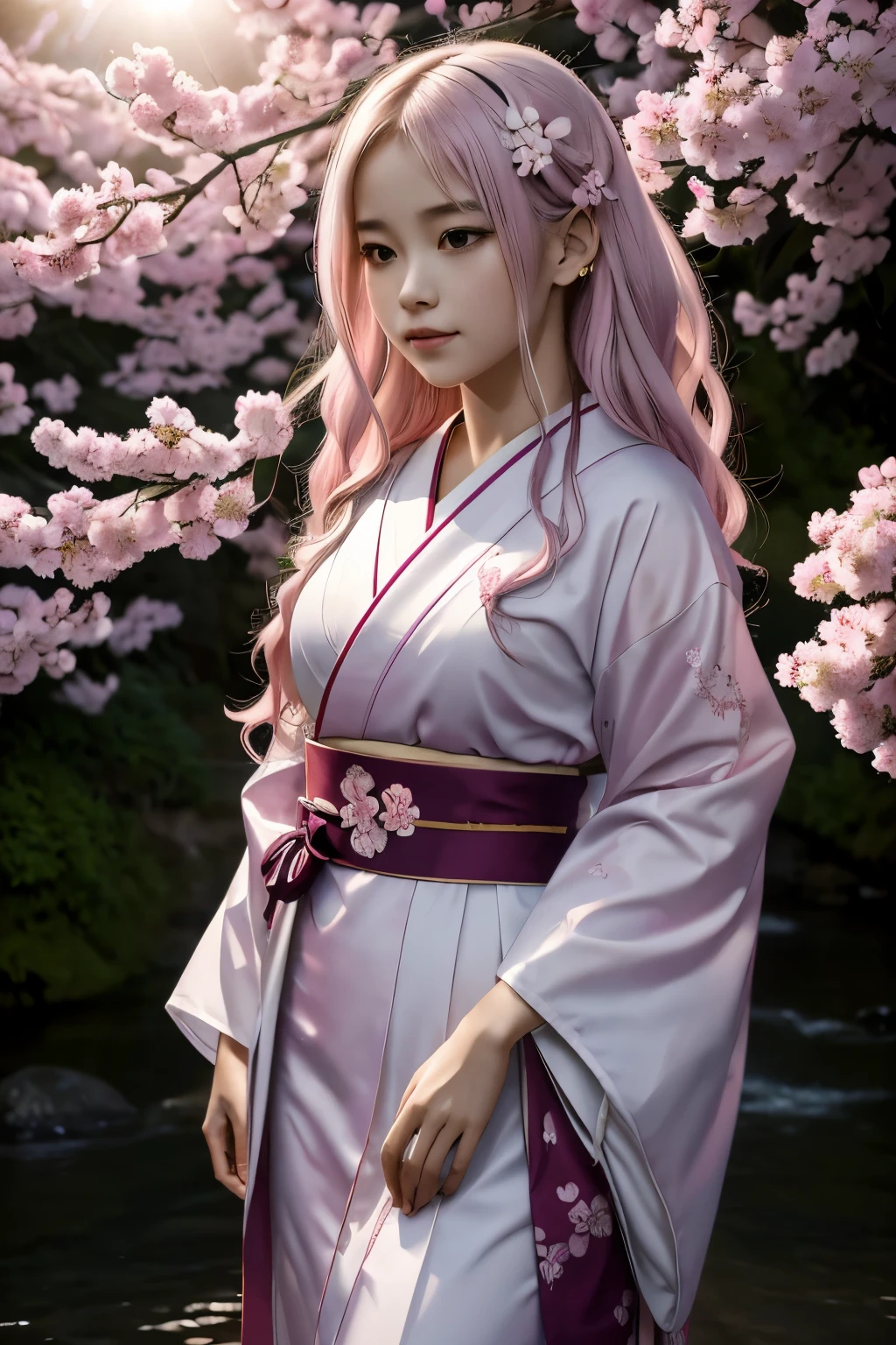 A hyper-realistic, highly detailed, and high-resolution 16k image of a young, beautiful female ghost or guardian spirit. She has light pink hair and translucent skin, and is dressed in a traditional Japanese kimono with a small cherry blossom design on the obi. The image captures the ethereal beauty and mystique of the spirit world. The style is inspired by the delicate, soft aesthetic found in traditional Japanese art.
