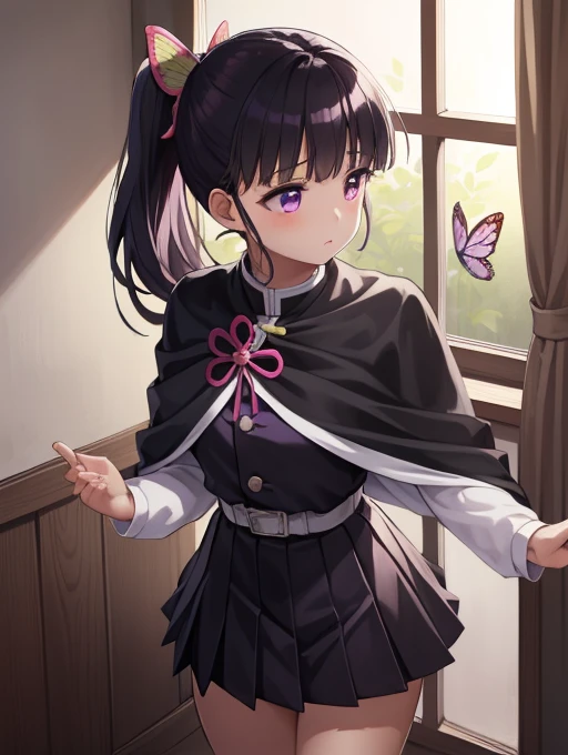 Kanaotsu Yuri, kanao tsuyuri, Black Hair, butterfly, butterfly hair ornament, (Purple eyes:1.1), Side ponytail, ponytail,
Blake Black mini skirt, Cape, Demon Slayer uniform, Long sleeve, Pleated skirt, mini skirt, 白いCape,Embrace、キスをする
break looking at viewer,
Indoor rest, Shabby room,
break (Tabletop:1.2), highest quality, High resolution, unity 8k wallpaper, (figure:0.8), (Beautiful fine details:1.6), Highly detailed face, Perfect lighting, Highly detailed CG, (Perfect hands, Perfect Anatomy),