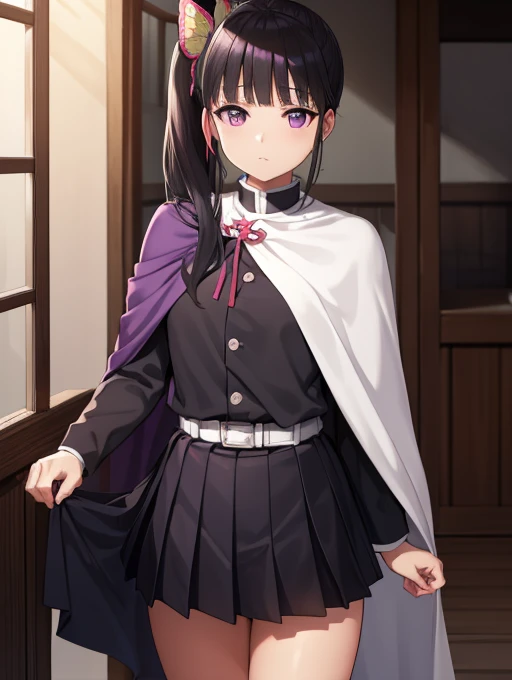 Kanaotsu Yuri, kanao tsuyuri, Black Hair, butterfly, butterfly hair ornament, (Purple eyes:1.1), Side ponytail, ponytail, 
Blake Black mini skirt, Cape, Demon Slayer uniform, Long sleeve, Pleated skirt, mini skirt, 白いCape,Embrace、キスをする
break looking at viewer,
Indoor rest, Shabby room,
break (Tabletop:1.2), highest quality, High resolution, unity 8k wallpaper, (figure:0.8), (Beautiful fine details:1.6), Highly detailed face, Perfect lighting, Highly detailed CG, (Perfect hands, Perfect Anatomy),