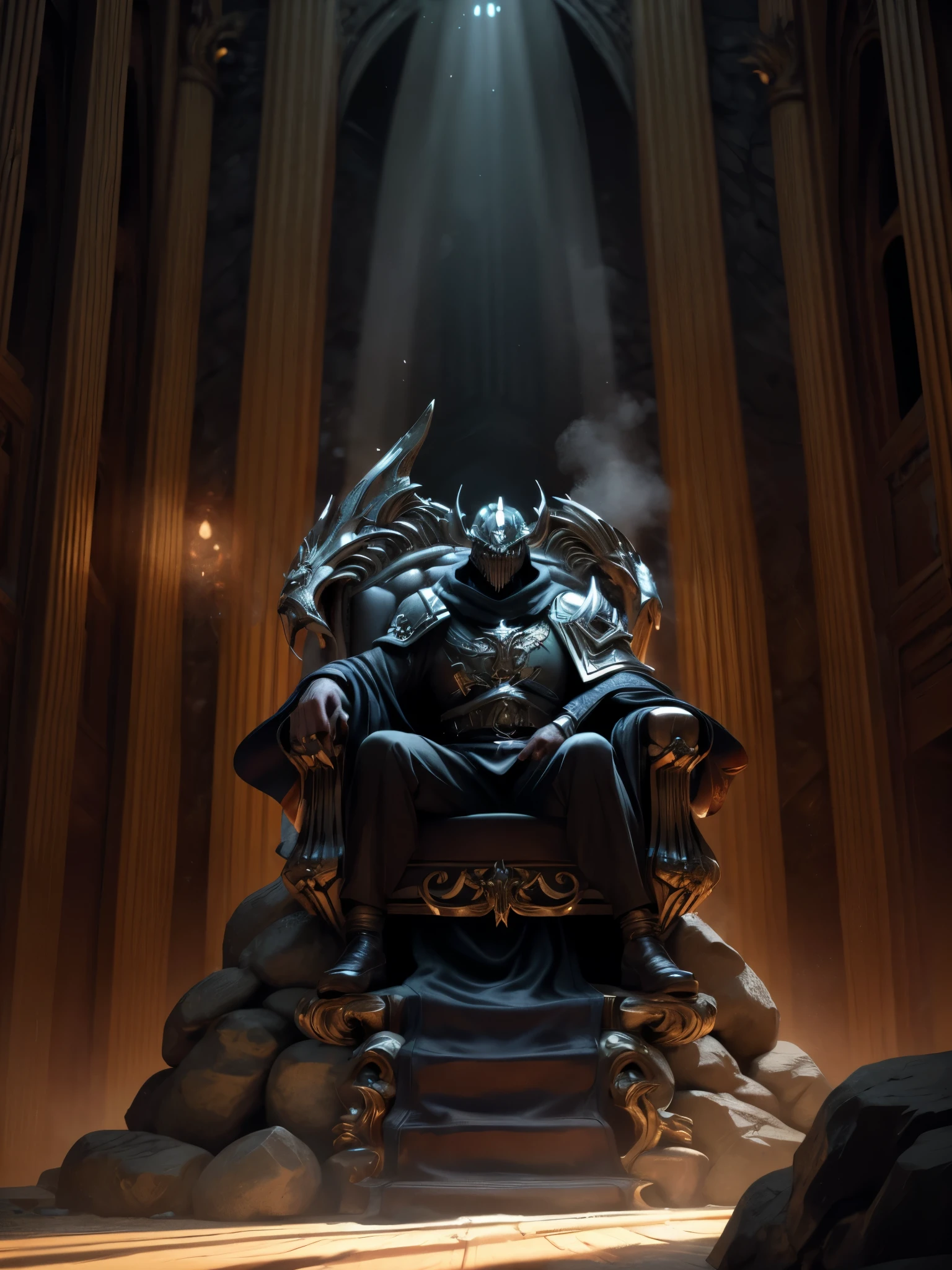 detailed dark fantasy medieval knight, 1 male paladin warrior, highly detailed intricate medieval armor, skull helmet, long cloak, sitting on dark throne in gloomy throne room, glowing green energy emanating from armor, dramatic lighting, photorealistic, cinematic, epic scale, dark fantasy art style, moody colors