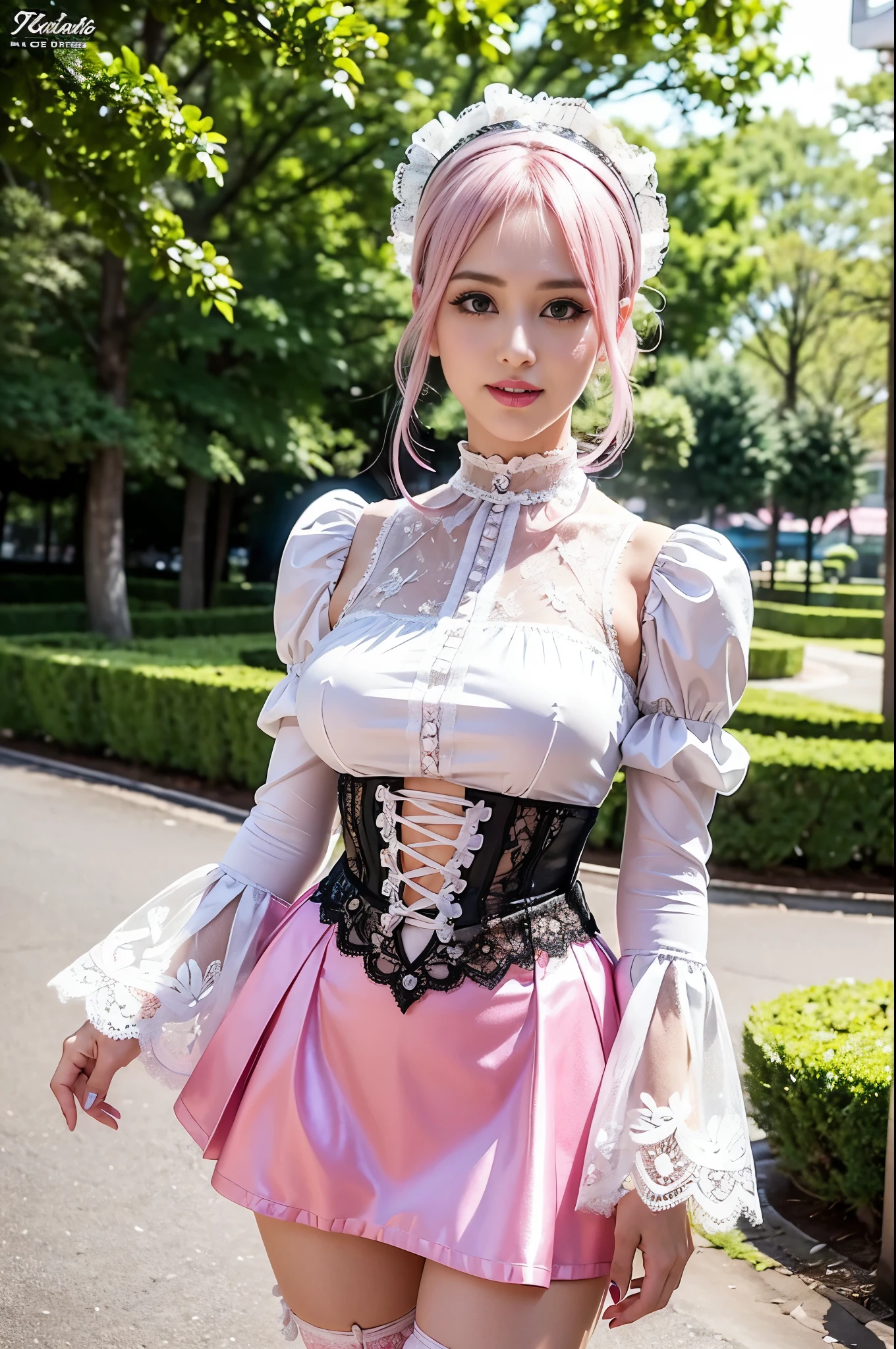 (nsfw), sexy stylish Swedish model, only 1 female, ((doll-like appearance)), short neon pink stylish hair, ((shiny Victorian-Style boots)), (big smile), ultra detailed eyes, vivid eye makeup, lipgloss, long lashes, defined eyebrows, ((sexy Paradise Kiss cosplay)), bell-shaped skirt, petticoats, high neckline, puffed sleeves, ((ultra detailed lace)), ((ultra detailed embroidery)), intricate details, Paradise Kiss accessoires and matching headpiece, choker, ((large sparkling Paradise Kiss jewelry)), cinematic light, detailed large park background with trees