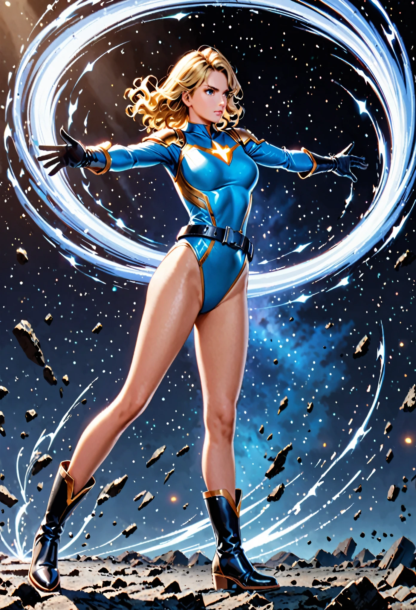 1girl, medium breasts, ((leotard, light blue leotard)), long sleeves, (lighting bolt emblem on chest), (bare legs), (fastened tight belt), boots, matching boots, gloves, space backdrop, solo, single, standing, full body shot, cowboy shot, superhero, beautiful detailed eyes, power, blonde hair, (short hair), wavy hair, mature lady, teacher, (spins fast) in place like a (tornado), wind swirls, rapid gyration, girl tornado (spinning), girl turning to a whirlwind, outstretched arms, perfect body, (perfect hands), (curved sword slash)