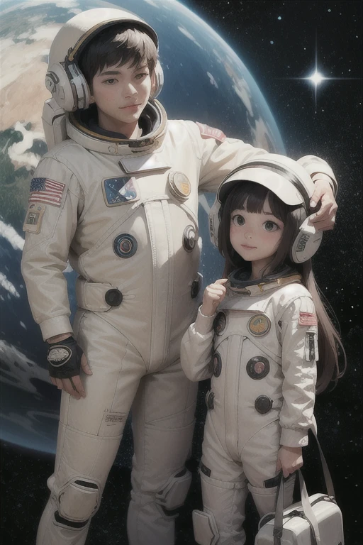 2girl with、6age、With gray-haired children、Red-haired child、bangss、kosmos、Parting tears、White spacesuit、Evangelion、Milky way、Beautiful starry sky、
