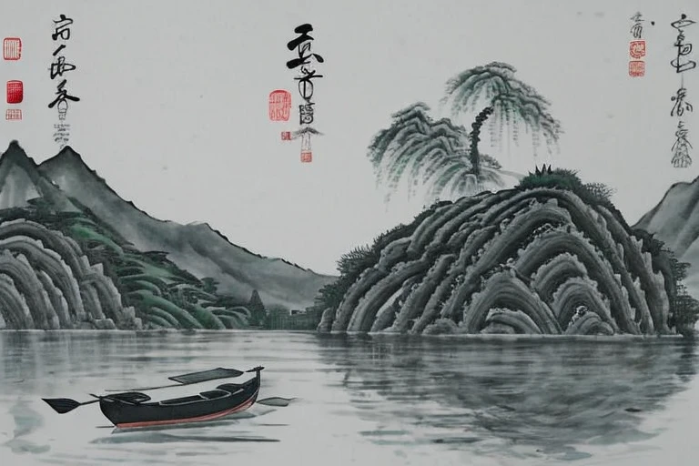 There is a pond，Waterfall and pagoda in the background,  Full view, Chinese scenery,  old Chinese building, Ancient Chinese Tower, full view, Detailed scenery with a long-term perspective，Ink Painting，Ink Painting，Ink Painting，traditional Chinese painting，Qi Baishi，一张阳光明媚的日子里的湖泊Ink Painting，Smoky water view，Tranquil scenery，trees reflected on lake, peaceful scene, 风景Ink Painting, Peaceful and tranquil，One page boat，traditional Chinese painting风格，A small boat，A small boat，A small boat