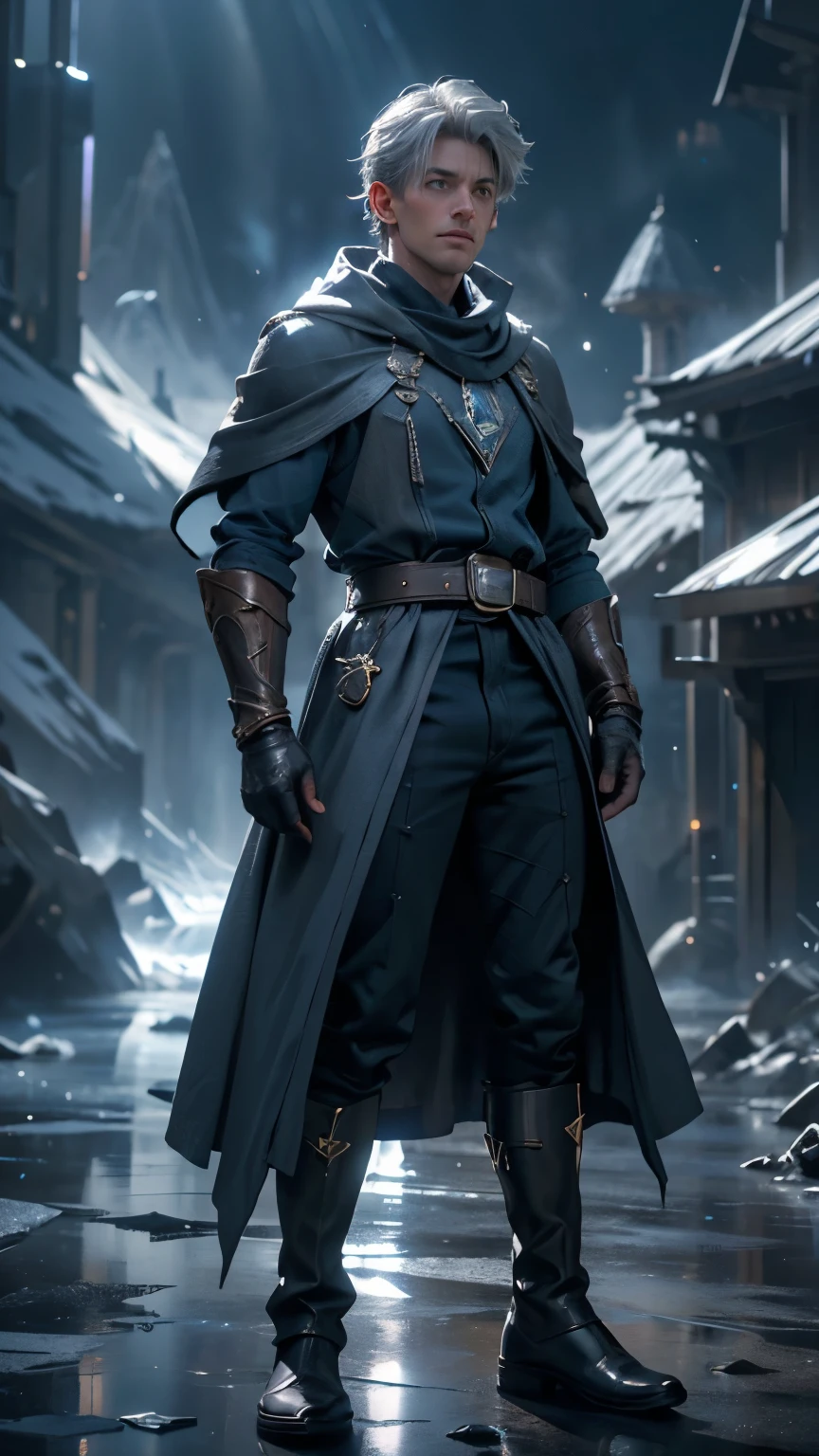 a young man, ice sorcerer, gray hair, gray eyes, blue ice cape, white shirt, beige pants, boots, gloves, belt, (best quality,4k,8k,highres,masterpiece:1.2),ultra-detailed,(realistic,photorealistic,photo-realistic:1.37),fantasy, magic, ice magic, cinematic lighting, dramatic, detailed facial features, dramatic pose, intricate details, atmospheric environment, fantastical landscape