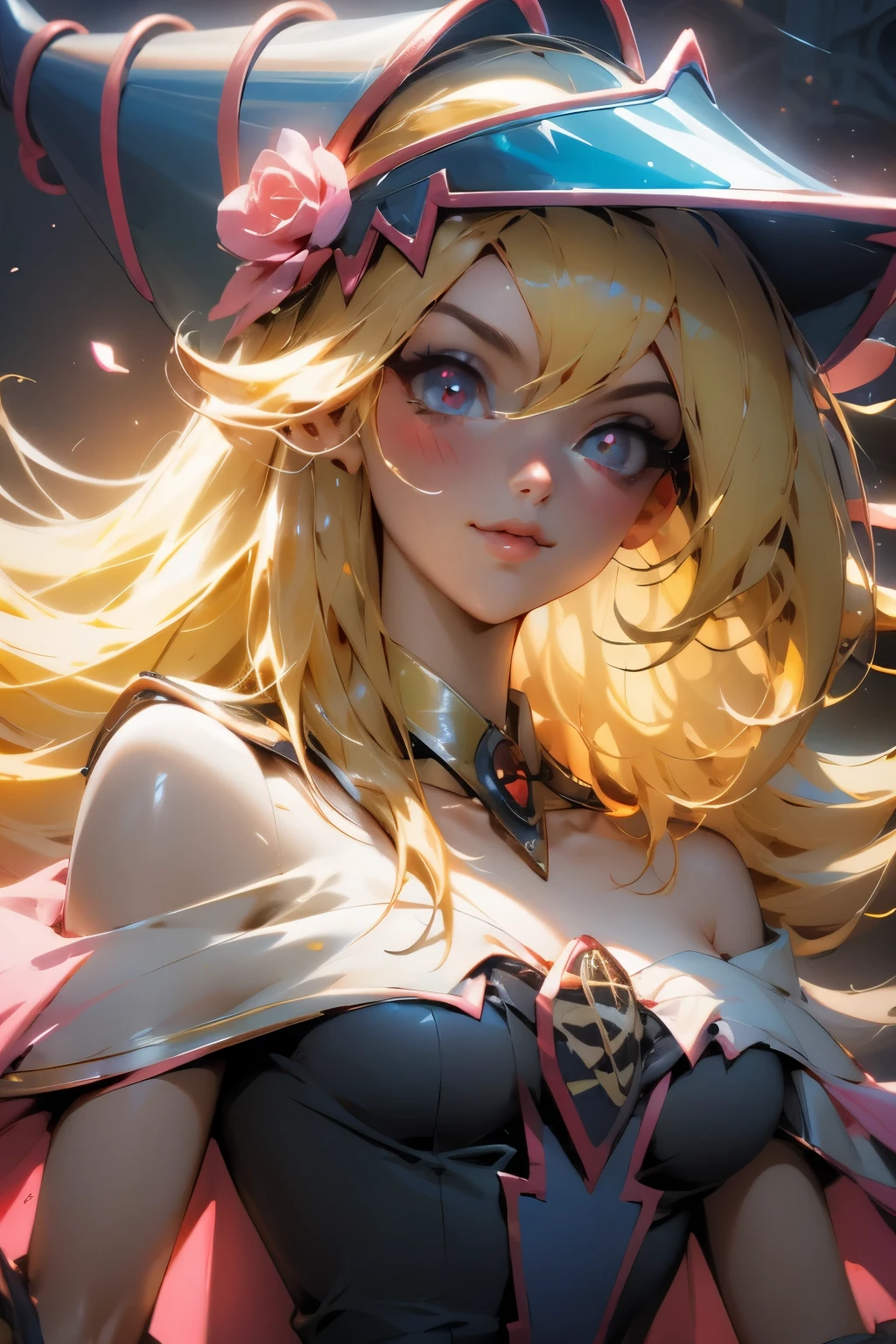 Hermoso rostro de dark magician gils, ojos azules. Labios rosados. Cabello rubio y largo. Ombros descubiertos, sonrisa angelical, hermoso rostro bien detallados de dark magician gils. Ropas transparentes. You can see her nipples through her clothes