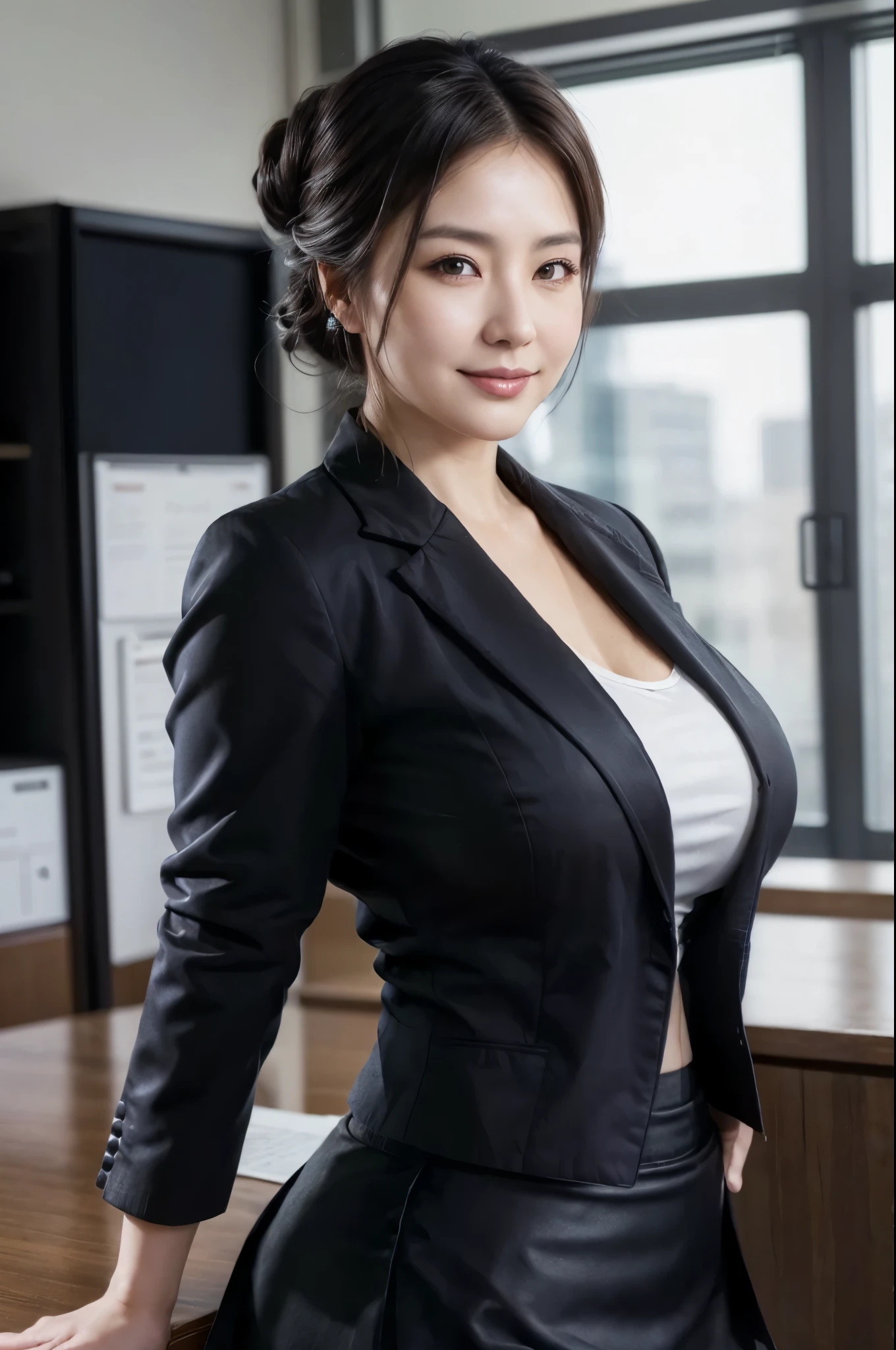 (masterpiece, highest quality, Realistic, High resolution, photograph, :1.3), Sharp focus, 1 Cute Japanese mature woman, 40 years old, Hot Model, Highly detailed eyes and pupils, Realistic Skin, ((Voluptuous body:1.2)), ((big tits:1.2)), big ass, Neckline, Highly detailed hair, Delicate face, Sensual look, Bright lips, Chubby lips, Natural Lip, big thick thighs, ((half updo hair:1.2)), ((business jacket:1.5)), ((business tight skirt:1.5)), in office, ((whole body shot)), standing pose, smile, ((from below)),