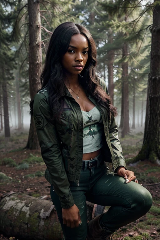 Meagan Tandy, Braeden, Teen Wolf, 20 years old, dark skin, long messy black hair, brown eyes, green blouse with military print, short green denim jacket, black military jeans, black military combat boots. silver pendant, white wolf print. Forest background with fog aura around black color.