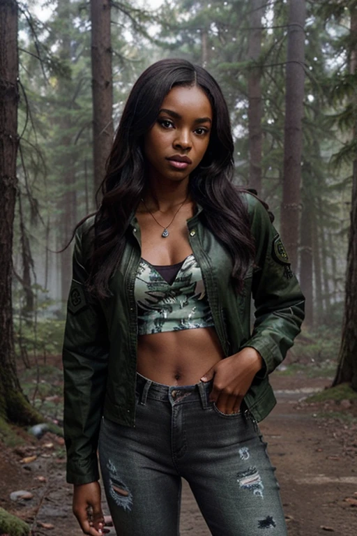 Meagan Tandy, Braeden, Teen Wolf, 20 years old, dark skin, long messy black hair, brown eyes, green blouse with military print, short green denim jacket, black military jeans, black military combat boots. silver pendant, white wolf print. Forest background with fog aura around black color.