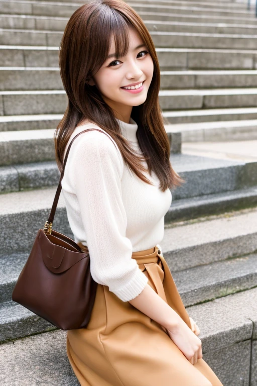 Japanese girl with brown hair dressed in fashion designer clothes and a sexy smile.
