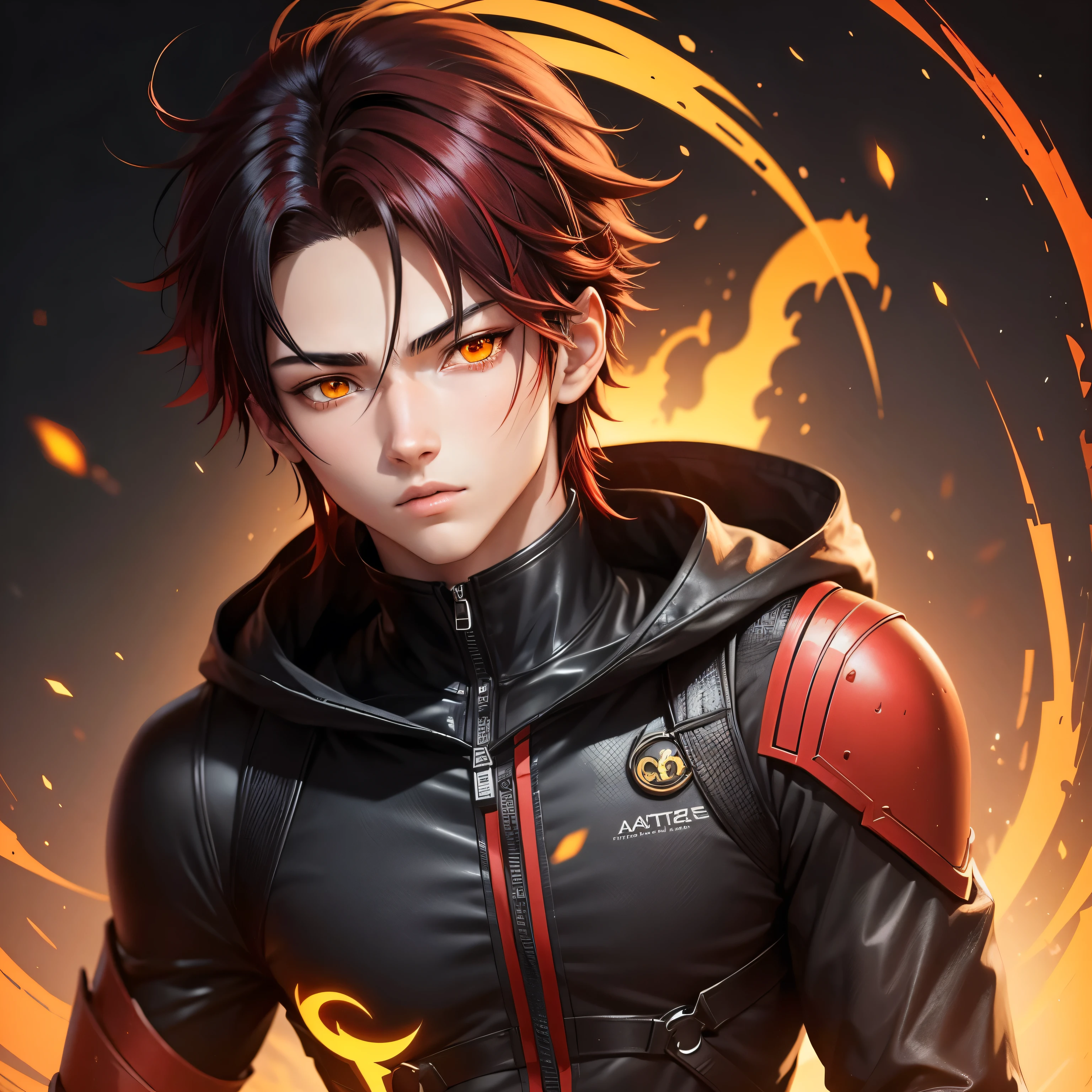 anime avatar, , boy, black and red hair, glowing yellow eyes, skinny, stunning anime face portrait, detailed anime soft face, anime style