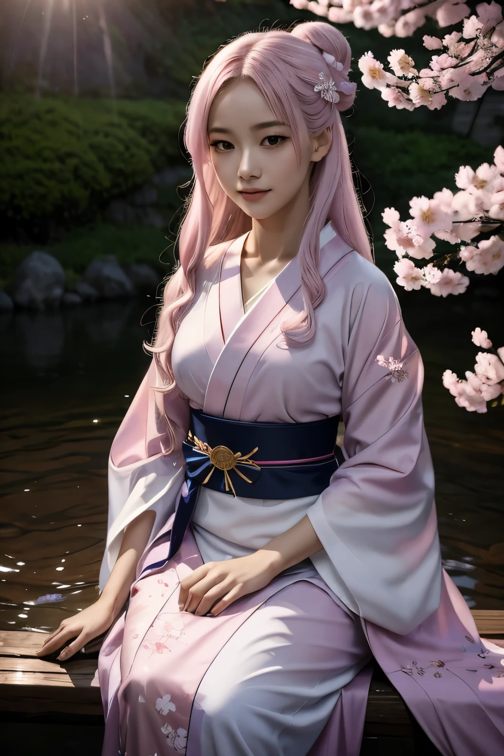 A hyper-realistic, highly detailed, and high-resolution 16k image of a young, beautiful female ghost or guardian spirit. She has light pink hair and translucent skin, and is dressed in a traditional Japanese kimono with a small cherry blossom design on the obi. The image captures the ethereal beauty and mystique of the spirit world. The style is inspired by the delicate, soft aesthetic found in traditional Japanese art.