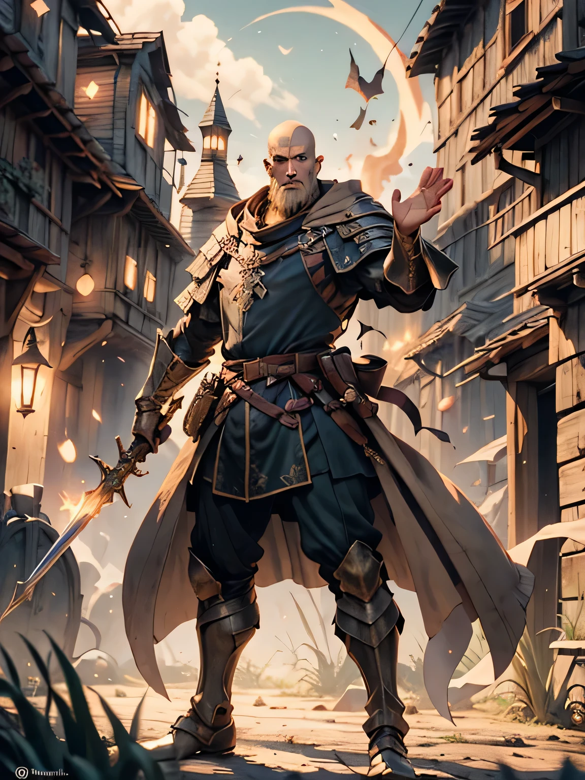 a medieval monk, his bald head reflecting the faint glow, stands at the ready. Dressed in simple but dignified robes befitting their position, their hands are raised in a defensive posture, prepared to fend off any opponent. His eyes, serene but focused, scan the shadows for signs of danger. You will release the disciplined fury