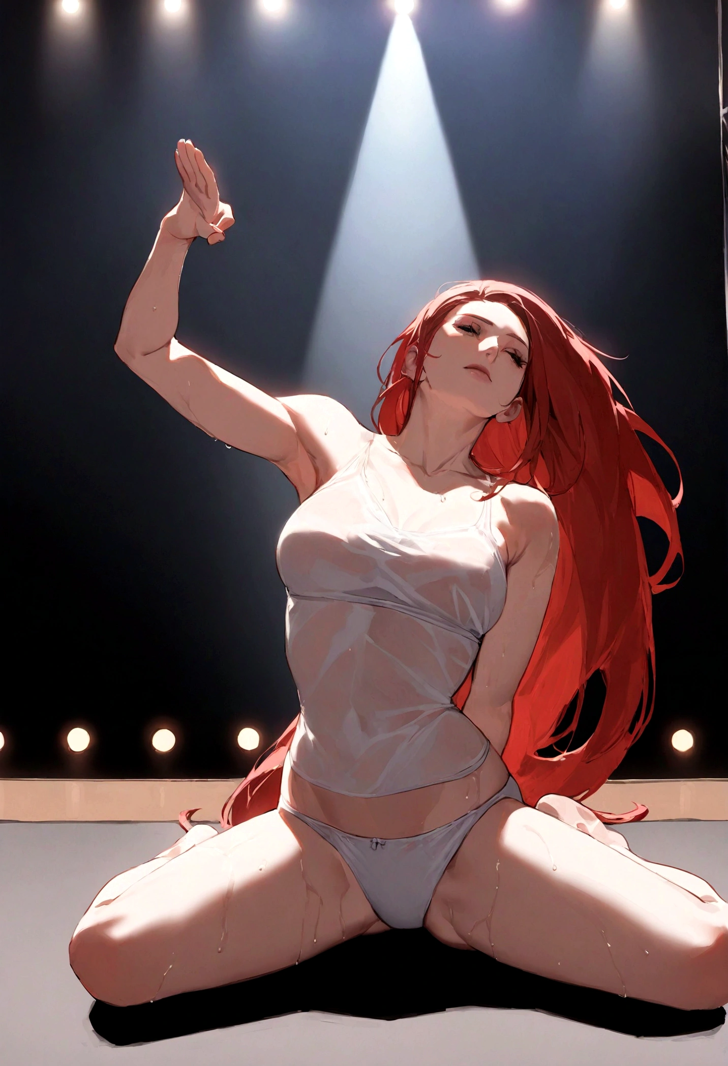 Character: sexy Kushina Uzumaki from the Naruto series. She has long red hair that falls down her back. Clothing: She is wearing just a transparent, wet yoga panties. Her medium sized breasts are very nice. Yoga Pose: Two possible yoga poses: Pigeon Pose: Kushina has one leg extended forward, the other stretched out behind her, with her upper body raised. One arm is behind her back, while the other holds her extended forward leg. Modified Bridge Pose: Kushina is lying on her back with her knees bent and feet on the ground. She lifts her hips and upper body, supporting her lower back with her hands. Setting: On an auction stage. The stage background is elegant, with drapes and lights focused on her as if it were an important presentation. The audience details are blurred so that Kushina remains the focus. Environment: There could be a few auction items in the background on the stage to make the setting clear. The lighting and shadows are dramatic to highlight Kushina's form and the yoga pose.