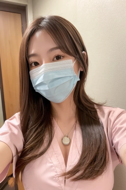 One girl, Japanese, cute sister, nurse, semi-long hair, brown hair color, nurse clothes, wearing a mask, selfie, background in hospital, upper body only, face close, realistic girl, top quality image,