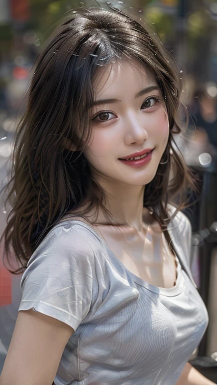 (masterpiece:1.2), (photorealistic:1.2), (best quality),((realistic:1.3)), (detailed skin:1.3), (intricate details), dramatic, ray tracing,finely detailed, quality,realistic lighting,large ,1girl,aalisa, long hair, T-shirt smile,looking at viewer,