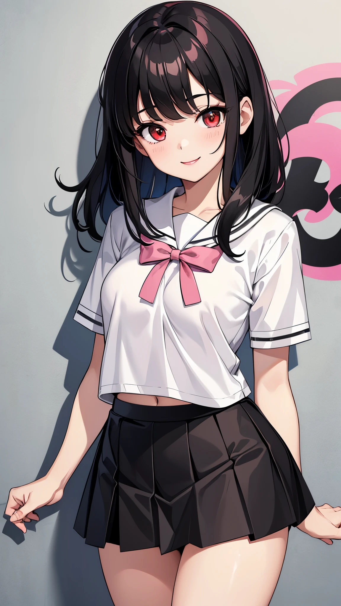 masterpiece, best quality, 1girl, very cute, shy face, red eyes, black hair, medium messy hair, pink lips, white skin, smiling, upper body, clean body, scholl uniform, mini skirt, small breasts, walls of graffiti background.