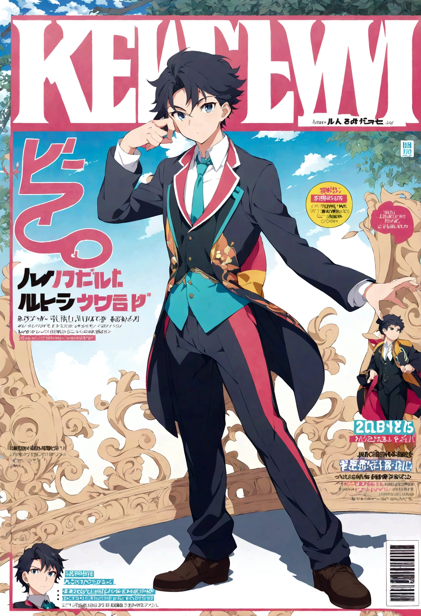 pose man in youthful clothing, colorful, highly detailed, full body, anime style, magazine cover