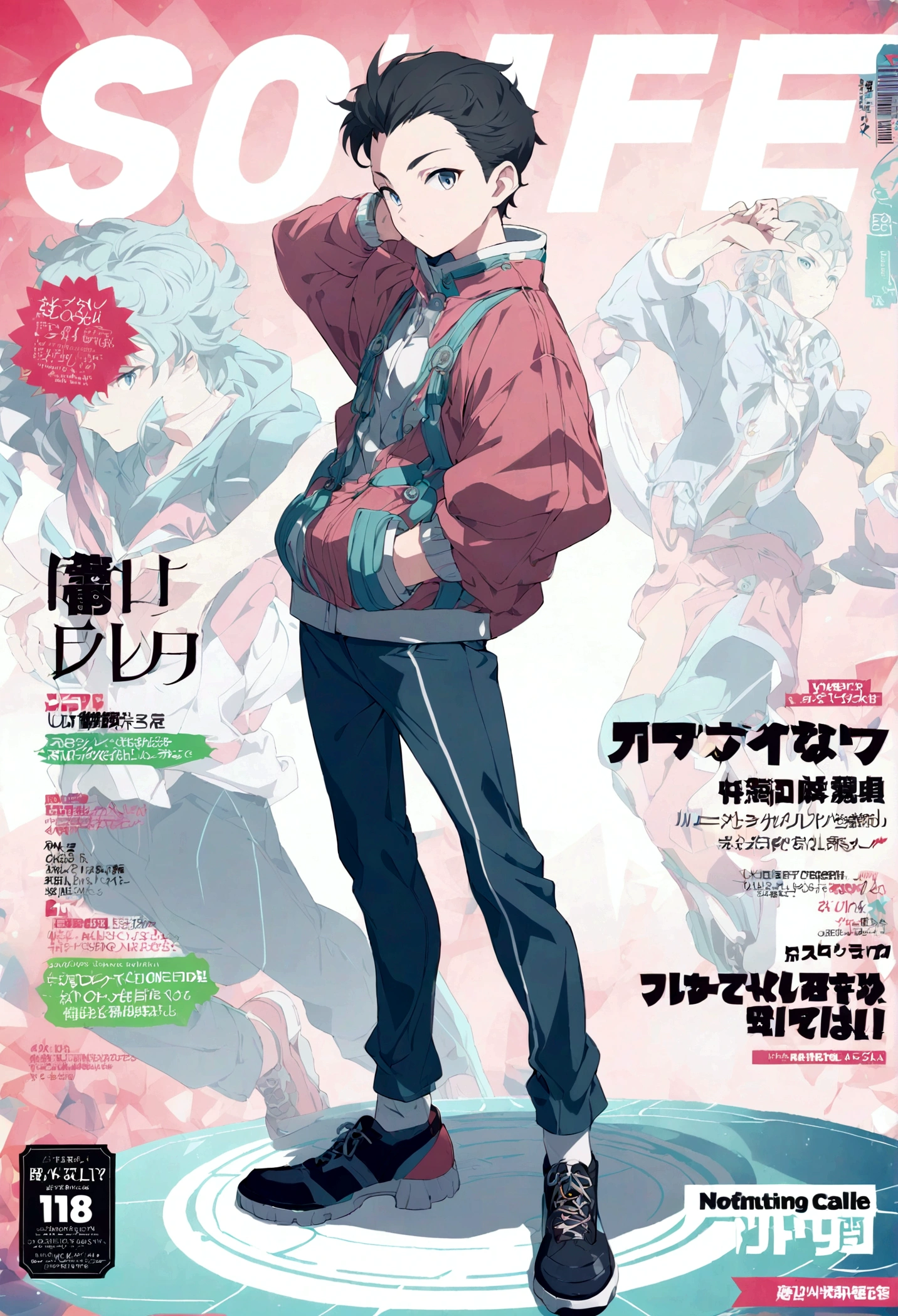  pose man in youthful clothing, colorful, highly detailed, full body, anime style, magazine cover
