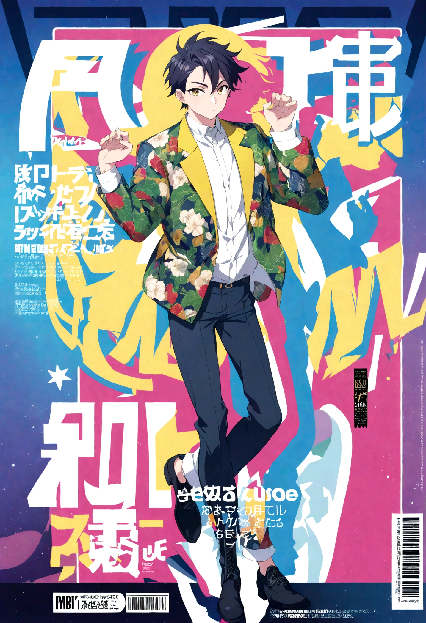 pose man in youthful clothing, colorful, highly detailed, full body, anime style, magazine cover