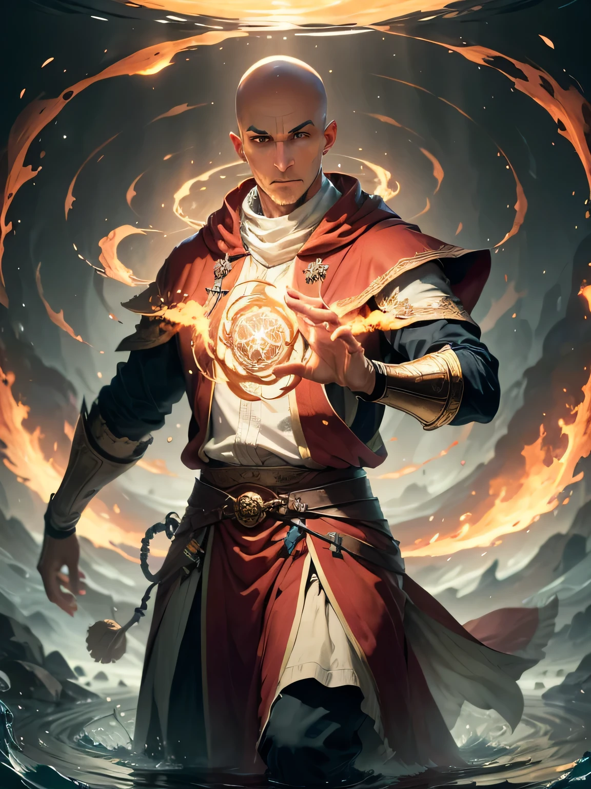 a medieval monk, his bald head reflecting the faint glow, stands at the center of a swirling vortex of elemental energy. Dressed in simple but dignified clothing befitting their position, their outstretched hands command the very forces of nature. Air currents dance around you, flames flicker at your fingertips, the earth trembles beneath your feet, and water flows in perfect harmony with your will.