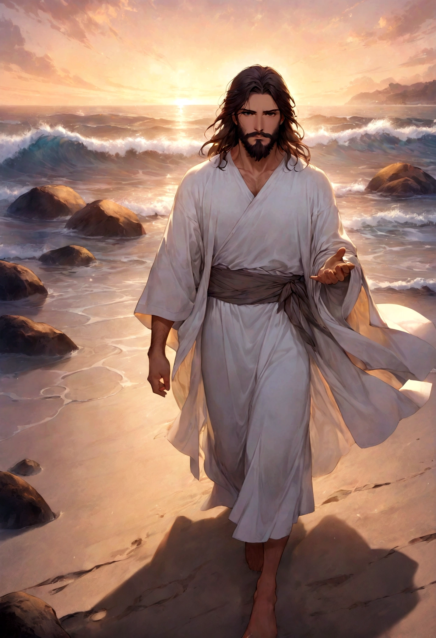 Jesus Christ standing on the beach, olhando para o horizonte do mar. He wears a white tunic with a golden band at the waist. His face has an expression of peace and wisdom. The wind swings her long light brown hair. At his side is one of his disciples, olhando admirado para Jesus. The disciple has dark hair and beard. They're both barefoot in the soft sand. The sky at dusk is in orange and purplish hues. The sea is calm with gentle waves. The water reflects the light of the sunset in golden tones. The scene conveys tranquility and connection with nature. It is photographed with soft focus, cores vibrantes e profundidade., Thick fog on the ground, Luz azul no horizonte, Motor Unreal 5, cinemactic, Low-angle photography, motion blur, proFundidade de campo, dust, Cobblestones and dirt. arte splash, pingando tinta. Perfect color classification. inFluenciado por karel Appel e jeremy mann, Full of dramatic and threatening scenes, hiper-detalhado, Beautiful, detalhes insanos, detalhes intrincados, FotograFia Editorial, FotograFado com uma lente de 50mm, proFundidade de campo, Tilt Blur, Velocidade do obturador 1/1000, F/22. Mapas de luz, super brilhante