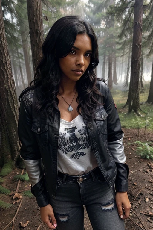 Felisha Terrell, kali, Wolf, 40 years old, dark skin, short and messy curly black hair, brown eyes, red wolf print blouse, short black denim jacket, black military jeans, black military combat boots. silver pendant, white wolf print. Forest background with fog aura around black color.