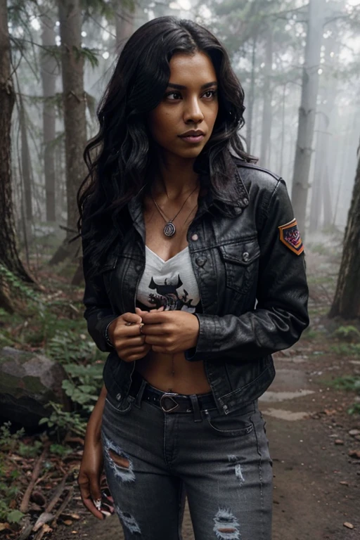 Felisha Terrell, kali, Teen Wolf, 40 years old, dark skin, short and messy curly black hair, brown eyes, red wolf print blouse, short black denim jacket, black military jeans, black military combat boots. silver pendant, white wolf print. Forest background with fog aura around black color.