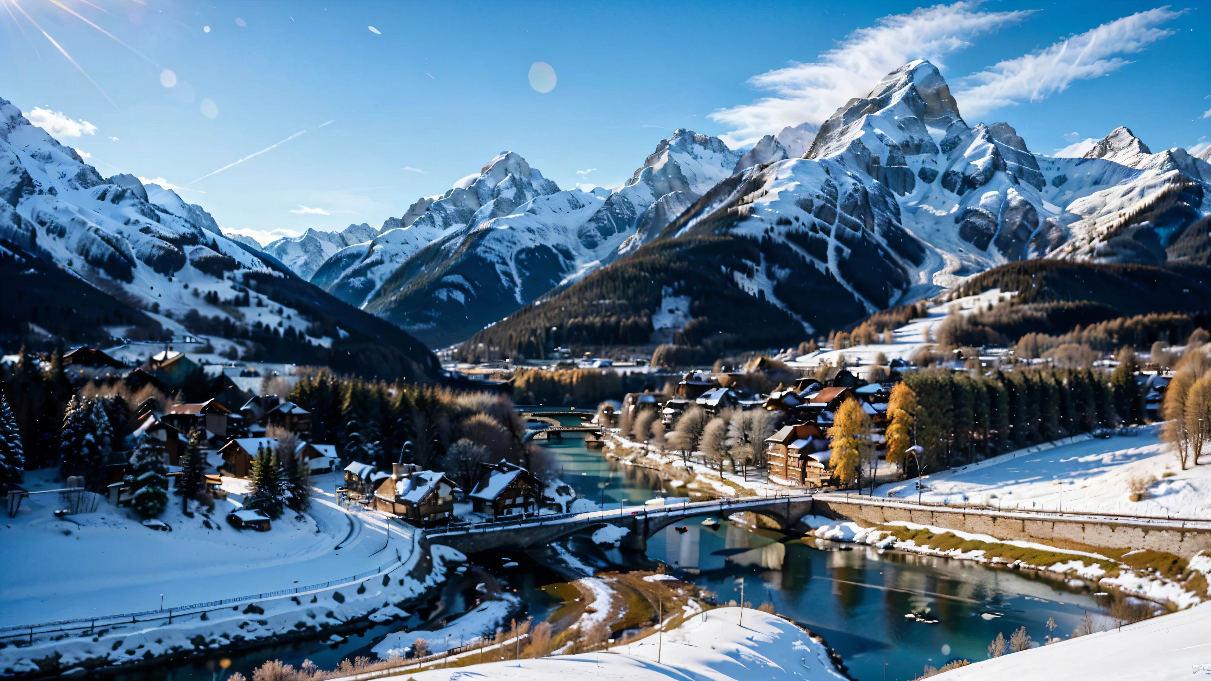 (Alps in siberia background with icy mountains, snow, winter, the landscape), a village in the Swiss Alps, pine trees, Bernese Alps, detailed landscape, charming village, snow-capped mountains, serene atmosphere, evergreen forest, wooden chalets, cobblestone streets, quaint shops, church steeple, winding river, steam rising, (best quality,4k,8k,16k,32k,64k,Highest,masterpiece:1.2),(realistic,photorealistic,photo-realistic:1.37), (extremely detailed CG unit, 64k wallpaper), 64k UHD, 64k HDR, Fujifilm XT3 sharp focus, professional lighting, vivid colors, intricate details, film grain, RAW photography, Fujifilm XT3 realistic painting art, f5.6, physically-based rendering, natural lighting, cinematic lighting ,dramatic lighting, professional, dynamic movement, colorful lighting, vibrant colors, studio lighting, professional photography, cinematic composition, symmetrical framing, landscape,
