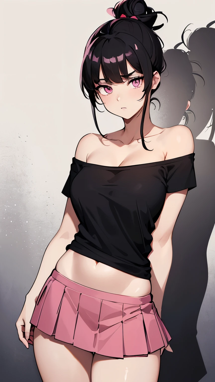 (Girl1,triangle face,pink eyes),(black hair,messy bun hairstyle),(red t-shirt off-the-shoulder neckline,mini skirt),standing,white wallpaper,Highly detailed ,8K wallpapers،Highest quality, high resolution, beautiful lighting, detailed shadow,high resolution،highly detailed,detailed faces and eyes,realistic eyes