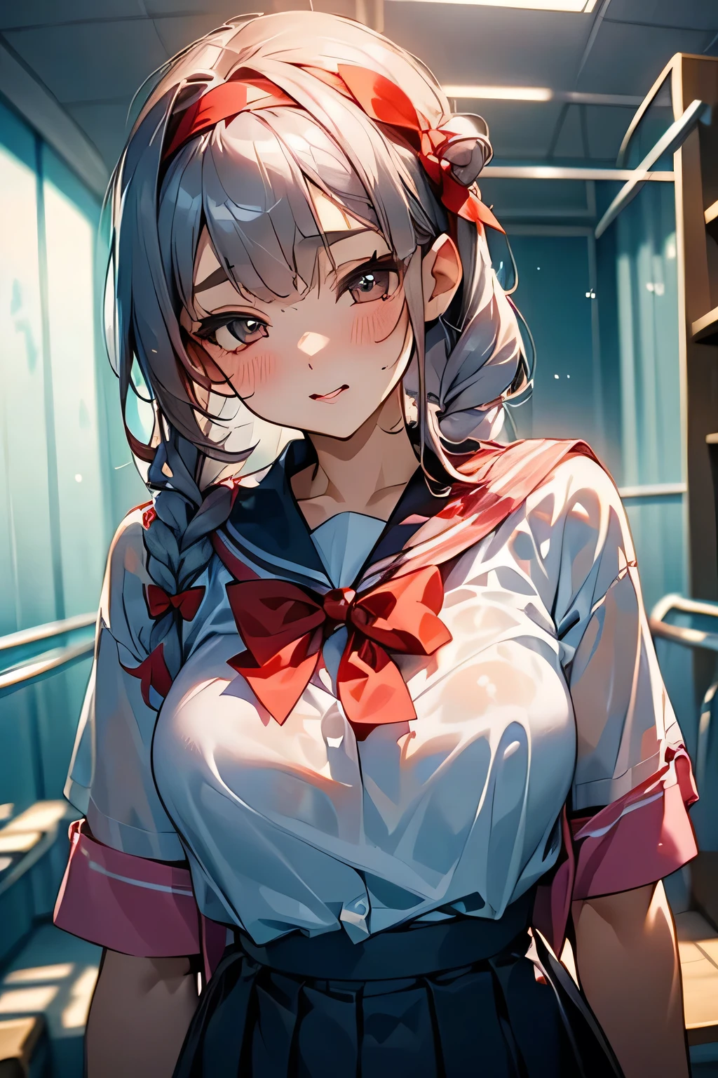 (((classroom))),(((Change clothes in the changing room:1.3))),(((clothes on hangers:1.3))),(((Sailor suit))),(((Pleated skirt that exposes skin))),(Dark red bow tie:1.3),Cute Face,(Silver Hair,Floral knit headband,Half Up、Floral braided space buns,Voluminous fishtail braid,Twisted pan,),(The bangs are see-through),hairpin,hair ornaments,Blushing、Pointed red mouth、Perfect round face,iris,(Perfect body curves),Big Breasts.Wet Hair、Wet swimsuit、Wet Skin、Professional Lighting,Cinematic Light,(Tabletop,highest quality,Ultra-high resolution output images,) ,(8K quality,),(Picture Mode Ultra HD,)