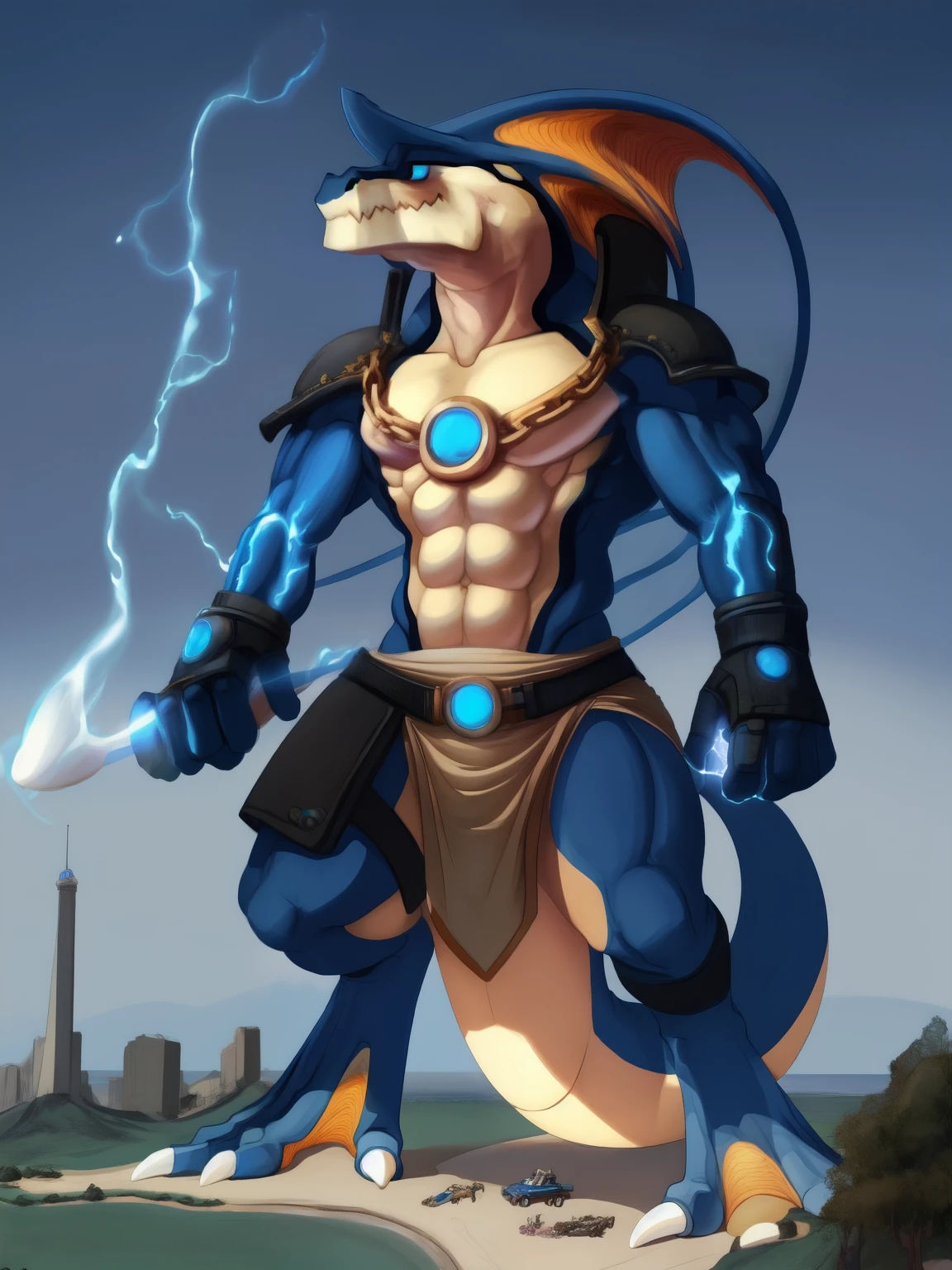 lakius, dragon, fins, dragon tail, 1 horn, anthro, scalie, male, reptile, claws, hi res, muscular, blue eyes, bottomwear, muscular anthro, melee weapon, muscular male, lizard, magic, scales, glowing, abs, biped, blue scales, macro