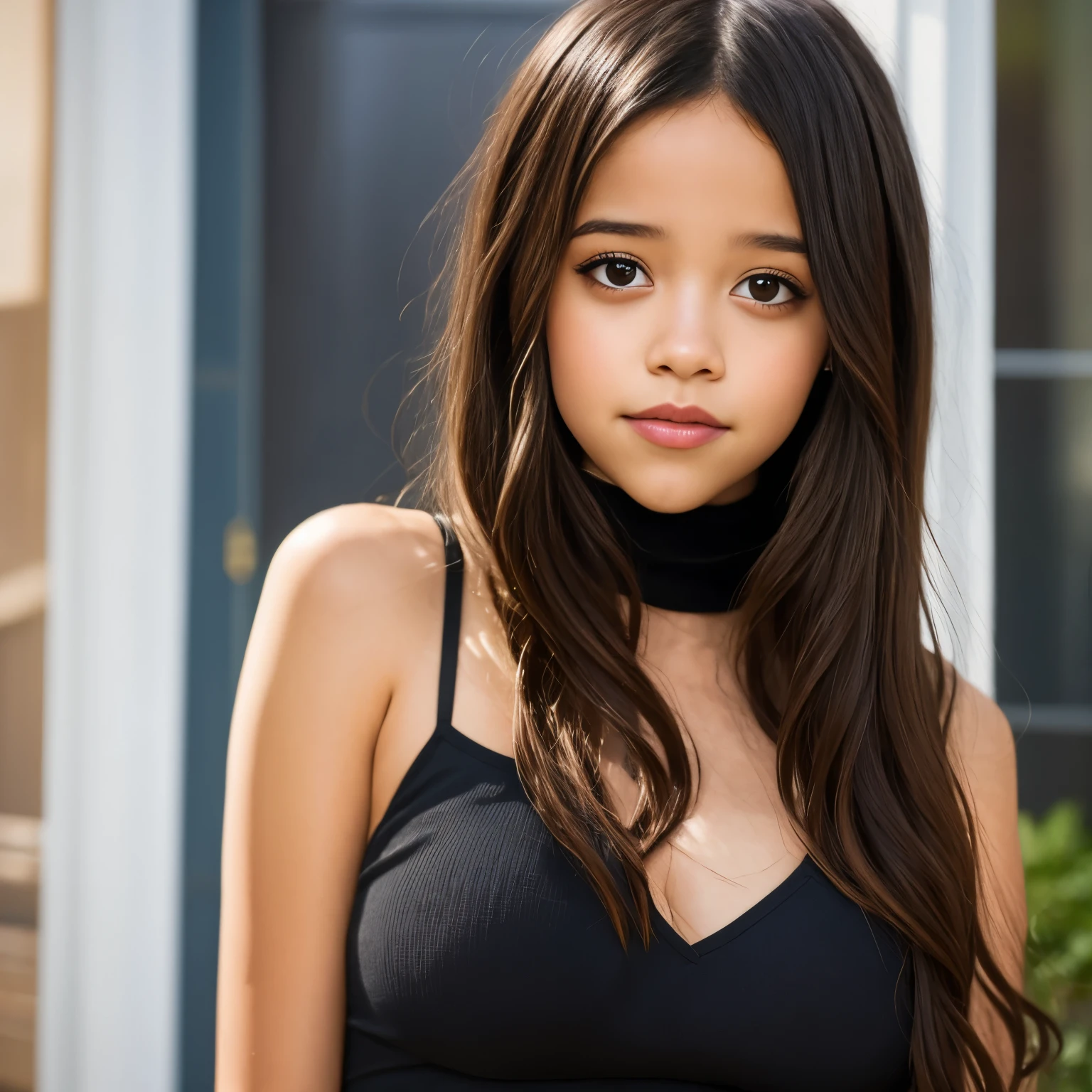 Photo portrait of 21 years old Jenna Ortega, Ein atemberaubendes, detailed color portrait of (sks frau:1), wears a black turtleneck, epische Charakterkomposition, Von Ilya Kuvshinov, alessio albi, Nina Masic, scharfer Fokus, natural lighting, Untergrundstreuung, f2, 35mm, Filmkorn, 