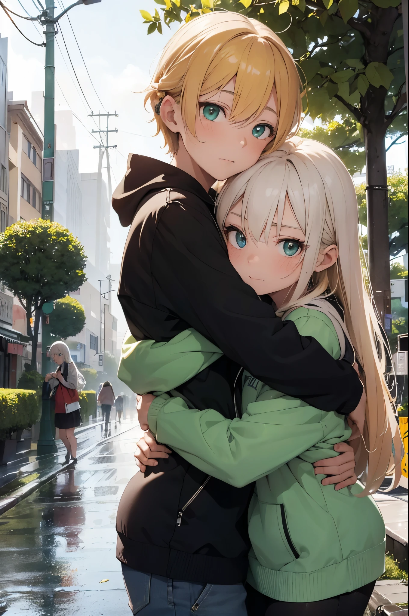  boy with blonde hair with orange tips, y ojos azules, and 19 year old white haired girl with green eyes, llorando, and hugging each other very tightly on a rainy day in the most beautiful park in the city, because it is the last time they will see each other since after that they will never meet again