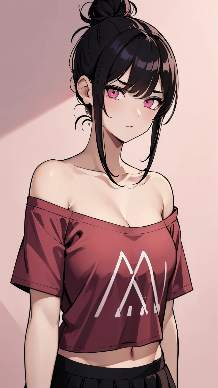 (Girl1,triangle face,pink eyes),(black hair,messy bun hairstyle),(red t-shirt off-the-shoulder neckline,mini skirt),standing,white wallpaper,Highly detailed ,8K wallpapers،Highest quality, high resolution, beautiful lighting, detailed shadow,high resolution،highly detailed,detailed faces and eyes,realistic eyes