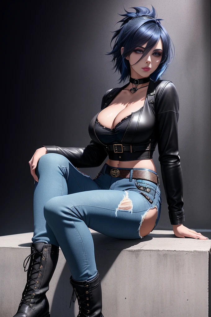 beautiful girl, full body, short bright blue dishevelled hair, black eyeshadow, (street style wear:1.2), ((tight fitted denim jeans)), ((knee high leather boots)), (deep ), (dark city night background:1.2), dark makeup, digital art, trending on artstation, highly detailed, fine detail, intricate, beautiful detailed glow, detailed, Cinematic light, high-res, detailed facial features, sharp focus, smooth, aesthetic,