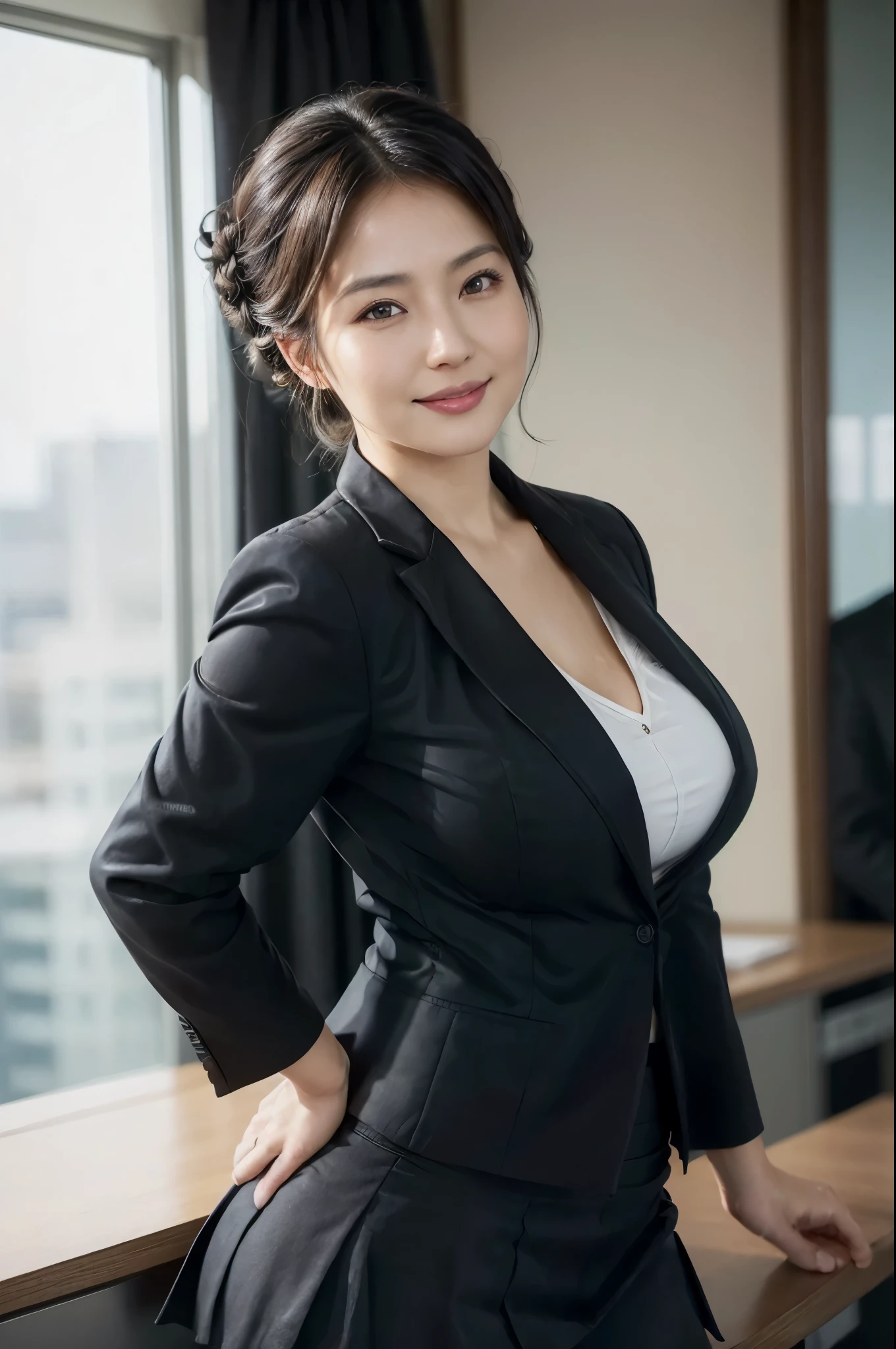 (masterpiece, highest quality, Realistic, High resolution, photograph, :1.3), Sharp focus, 1 Cute Japanese mature woman, 40 years old, Hot Model, Highly detailed eyes and pupils, Realistic Skin, ((Voluptuous body:1.2)), ((big tits:1.2)), big ass, Neckline, Highly detailed hair, Delicate face, Sensual look, Bright lips, Chubby lips, Natural Lip, big thick thighs, ((half updo hair:1.2)), ((business jacket:1.5)), ((business tight skirt:1.5)), in office, ((whole body shot)), looking back, booty pose, smile, ((from below)),