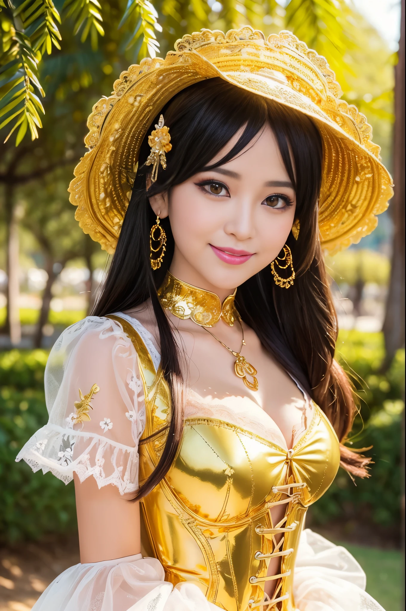 nsfw, sexy golden Thai princess, only 1 female, ((doll-like appearance)), short fuchsia stylish hair, ((shiny Victorian-Style boots)), (big smile), ultra detailed eyes, vivid golden eye makeup, lipgloss, long lashes, defined eyebrows, ((sexy golden Paradise Kiss cosplay)), bell-shaped skirt, petticoats, high neckline, puffed sleeves, ((ultra detailed golden lace)), ((ultra detailed golden embroidery)), intricate details, golden Paradise Kiss accessoires and matching golden headpiece, golden choker, ((large sparkling golden Paradise Kiss jewelry)), cinematic light, detailed large park background with trees