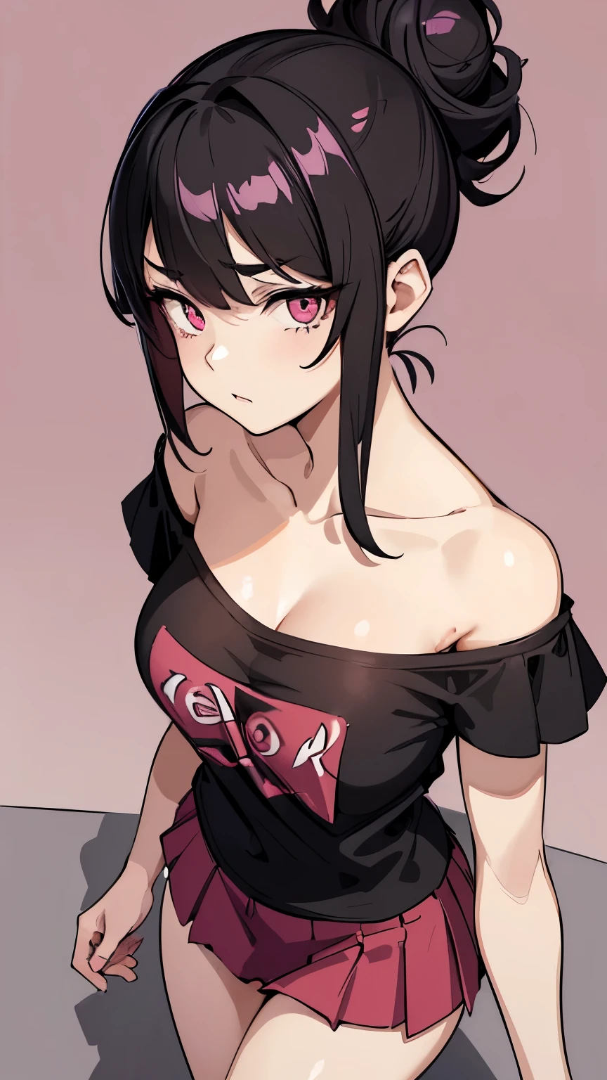 (Girl1,triangle face,pink eyes),(black hair,messy bun hairstyle),(red t-shirt off-the-shoulder neckline,mini skirt),standing,white wallpaper,Highly detailed ,8K wallpapers،Highest quality, high resolution, beautiful lighting, detailed shadow,high resolution،highly detailed,detailed faces and eyes,realistic eyes