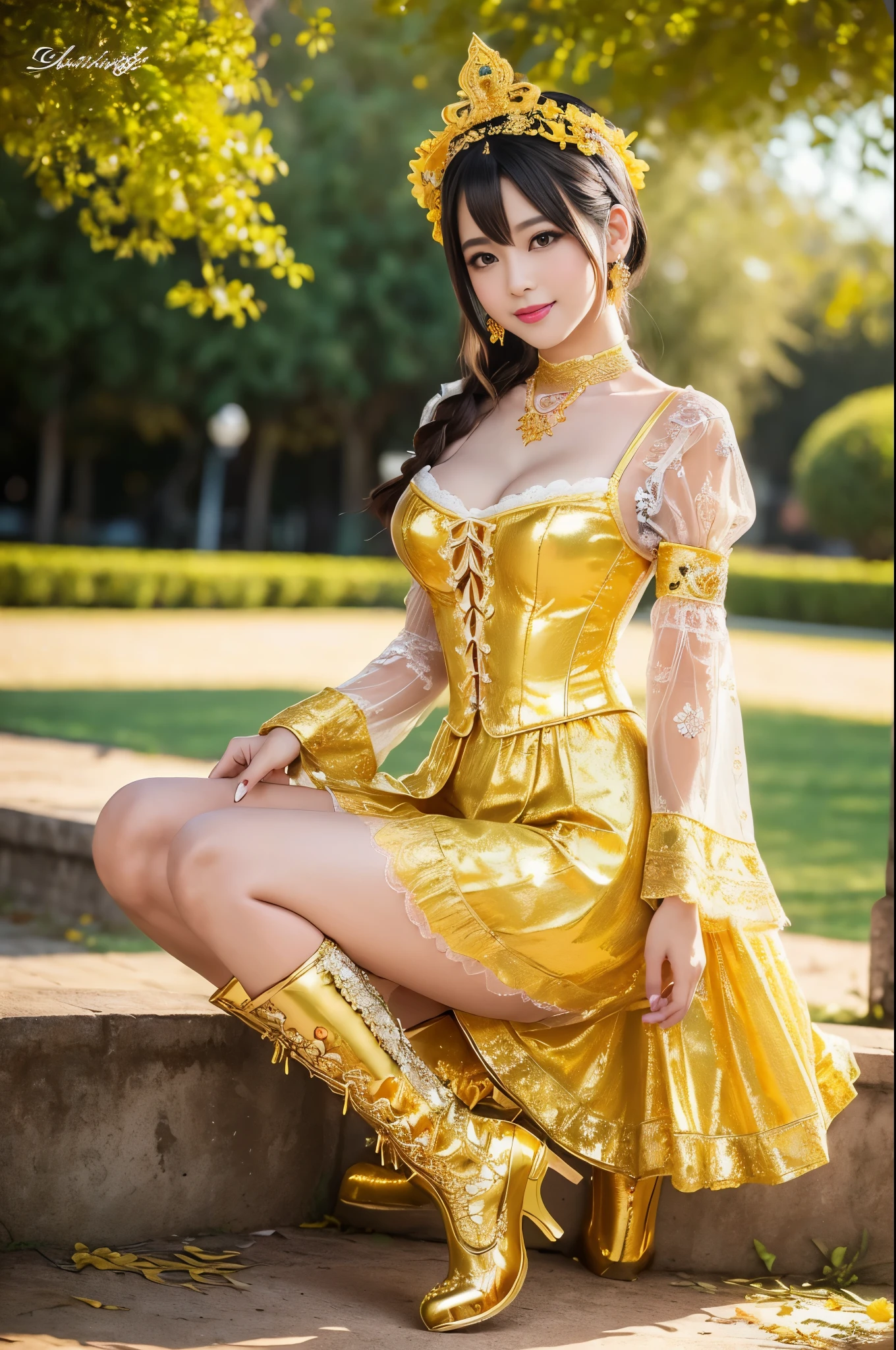 nsfw, sexy golden Thai princess, only 1 female, ((doll-like appearance)), short fuchsia stylish hair, ((shiny Victorian-Style boots)), (big smile), ultra detailed eyes, vivid golden eye makeup, lipgloss, long lashes, defined eyebrows, ((sexy golden Paradise Kiss cosplay)), bell-shaped skirt, petticoats, high neckline, puffed sleeves, ((ultra detailed golden lace)), ((ultra detailed golden embroidery)), intricate details, golden Paradise Kiss accessoires and matching golden headpiece, golden choker, ((large sparkling golden Paradise Kiss jewelry)), cinematic light, detailed large park background with trees
