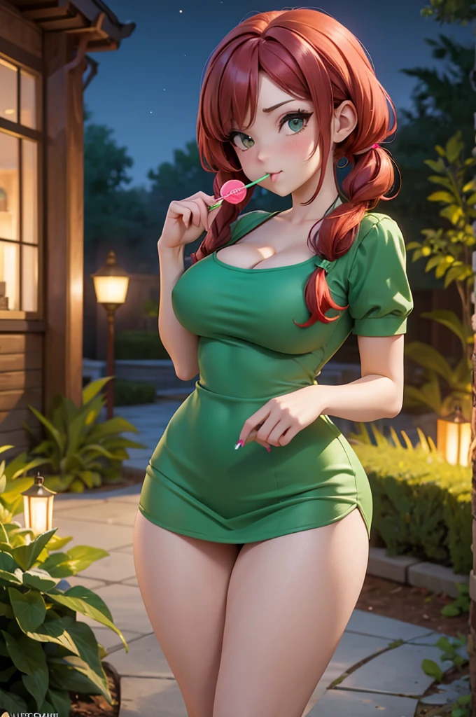 Girl brunette girl, red hair and pigtails, green elegant dress, sucking a lollipop, well-endowed, well-proportioned legs, NSFW, incredibly attractive. Busty. Big ass. Background garden in the night. Full body. Long legs