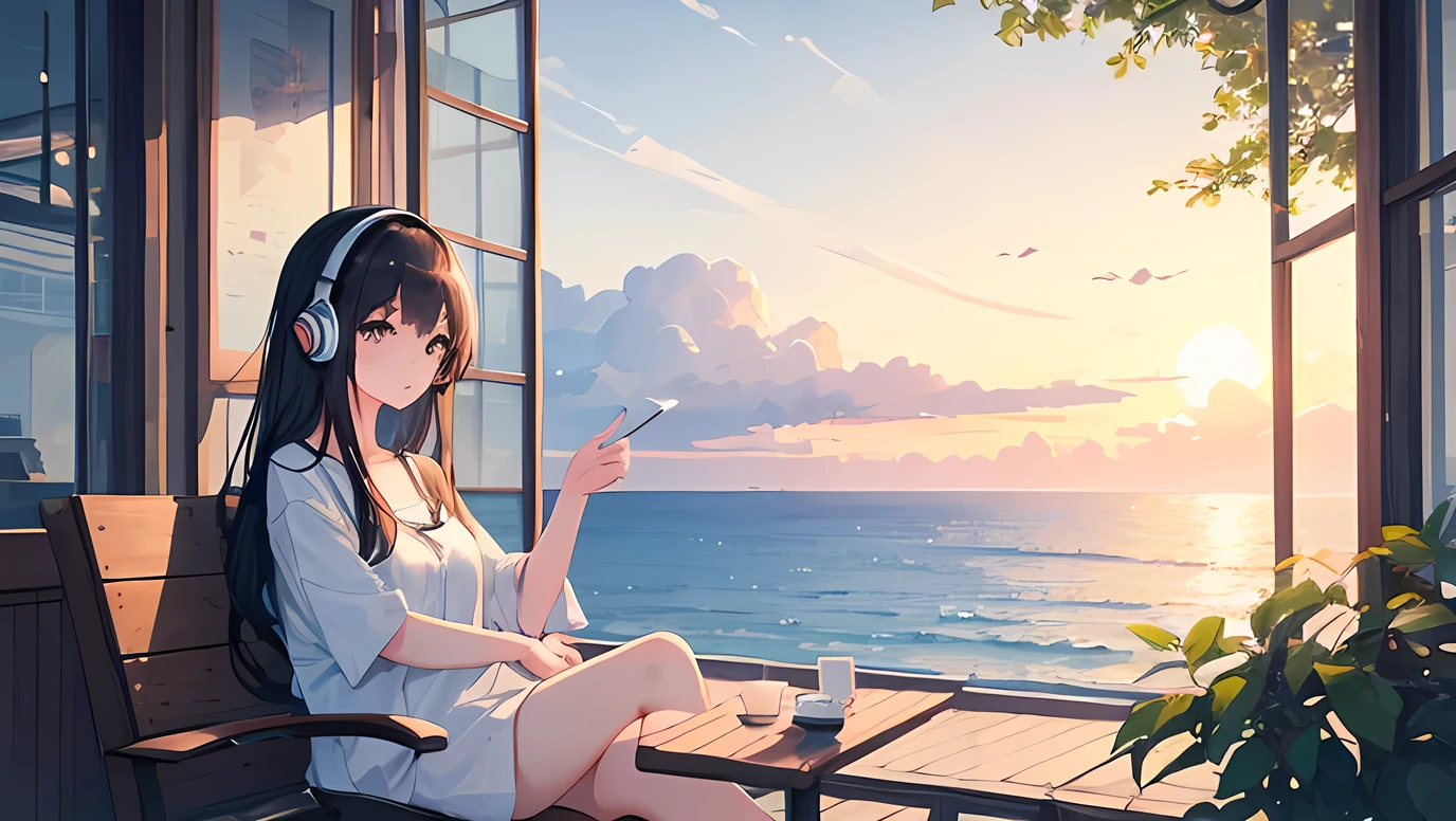 (masterpiece, highest quality: 1.2)Summer evening、A cute girl relaxing at a cafe on the coast,Use headphones,My eyes are fixed on the sea、Ink Painting,Soft atmosphere,Lo-Fi,Chill