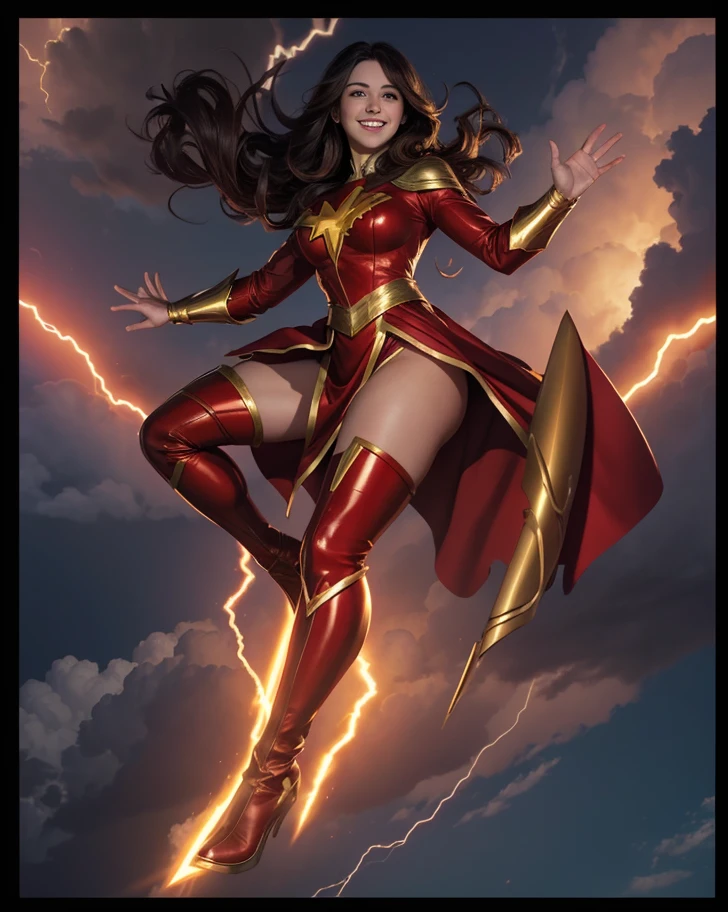 The character Mary Marvel, beautiful face, beautiful smile, perfect red costume, smooth curves, lightning and thunder in the background...