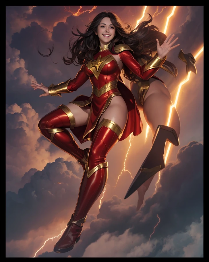 The character Mary Marvel, beautiful face, beautiful smile, perfect red costume, smooth curves, lightning and thunder in the background...