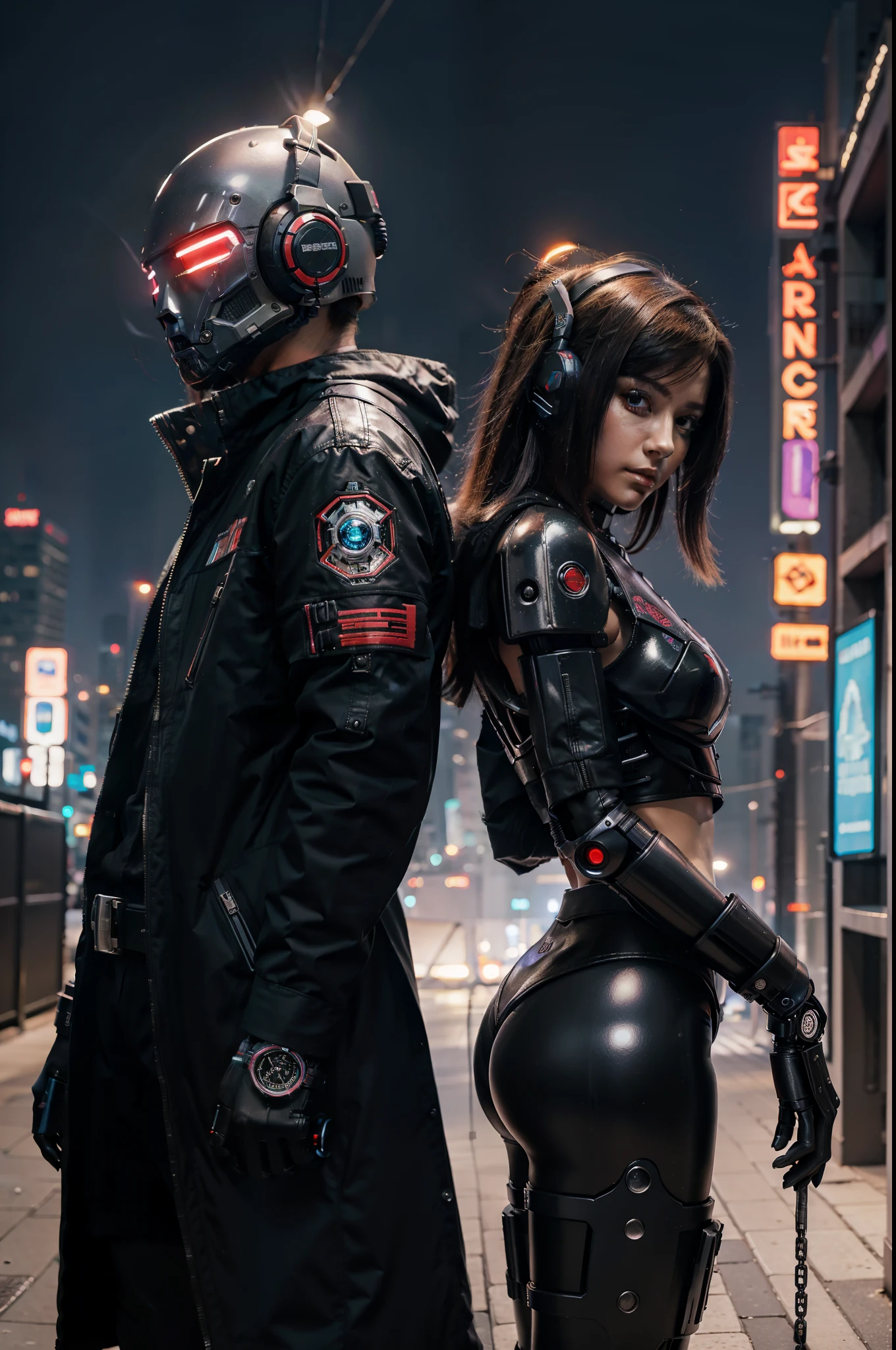 tmasterpiece,Best quality at best,cyber punk perssonage,1 person,high detal,1 person,The background is the city at night,stand posture,droid,Cyberpunk art of a,Mechanical style