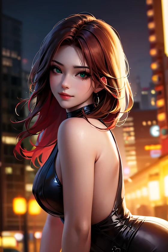 best quality, masterpiece, highres, 1girl, wearing a red goth outfit, confident smile, closed mouth, glossy lips, braided red long hair, detailed beautiful green eyes,detailed eyelash, Beautiful face,upon_body, tyndall effect,photorealistic, rim lighting, two tone lighting,(high detailed skin:1.2), 8k uhd, dslr, soft lighting, high quality, volumetric lighting, candid, Photograph, high resolution, 4k, 8k, Bokeh, in downtown, afternoon