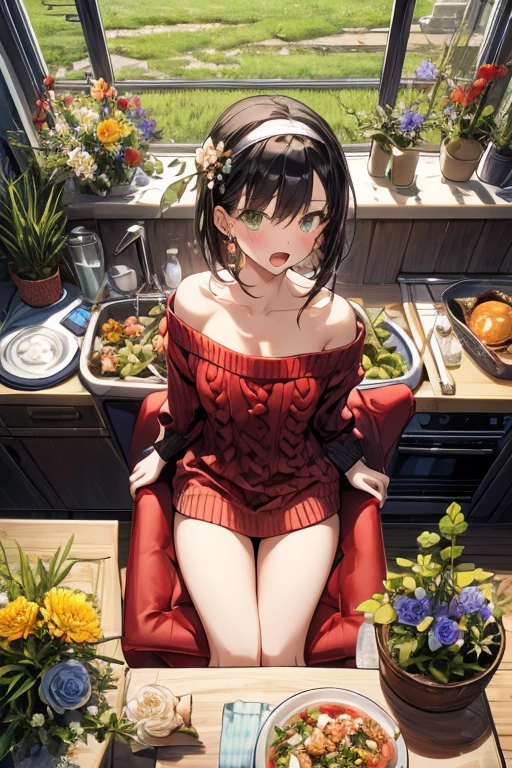 (small breasts:1.3), (perky chest:1.1), (pointed chest:1.0), (flowers magazine cover:1.3),(from above:1.2),(from side:0.9),masterpiece, a 18yo girl, Amazing Cleavage:1.1, thin waist, big ass, Raised sexy, small breast: 1.3, posed cleavage:1.2, open mouth, have a cute grass of cute beergrass,black hair, dark green eyes, dress, bare shoulders, jewelry, collarbone, sidelocks, hairband, earrings, indoors, off shoulder sweater:1.1, arms behind back, plant, short hair with long locks, gild hairband, off-shoulder dress, sweater dress, off-shoulder sweater, red sweater, dark gord hair, big side hair, very long side hair,is rendered in (masterpiece: 1.2, best quality), with (ultra high resolution) and an exquisite (depth of field). This masterpiece is not only visually stunning but also tells,A scene of cooking in the kitchen by classroom,looking at viewer,