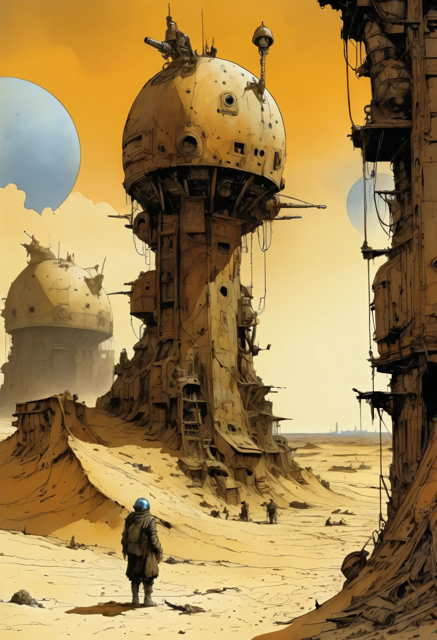 Enki Bilal,Philippe Deleuil,Moebius influenced French comic art "A vast desert filled with giant objects, Rusty war machine, Half buried in sand, The dying sun casts a long shadow over the scene, Adds to the eerie atmosphere of a forgotten battlefield", It should have great detail and contrast in color and texture,surreal,Vivid but slightly desaturated, ((Inside the building))