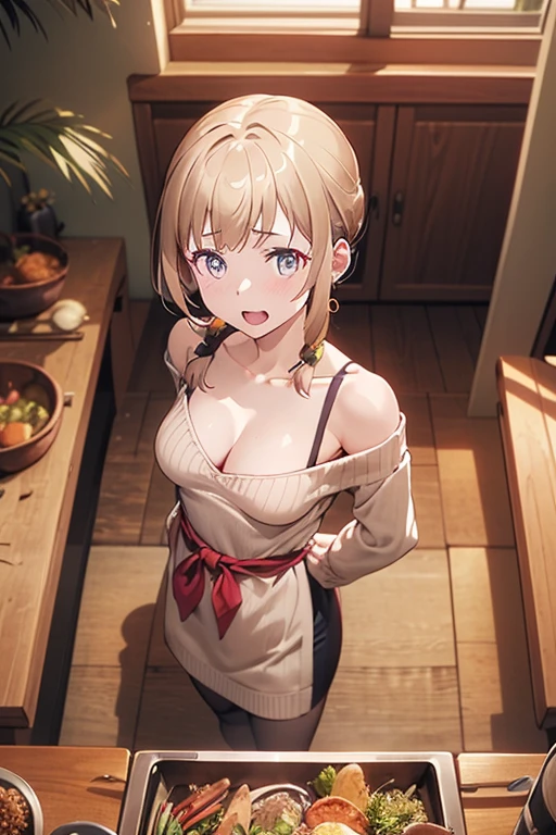 (small breasts:1.3), (perky chest:1.1), (pointed chest:1.0), (flowers magazine cover:1.3),(from above:1.2),(from side:0.9),masterpiece, a 18yo girl, Amazing Cleavage:1.1, thin waist, big ass, Raised sexy, small breast: 1.3, posed cleavage:1.2, open mouth, have a cute grass of cute beergrass,black hair, dark green eyes, dress, bare shoulders, jewelry, collarbone, sidelocks, hairband, earrings, indoors, off shoulder sweater:1.1, arms behind back, plant, short hair with long locks, gild hairband, off-shoulder dress, sweater dress, off-shoulder sweater, red sweater, dark gord hair, big side hair, very long side hair,is rendered in (masterpiece: 1.2, best quality), with (ultra high resolution) and an exquisite (depth of field). This masterpiece is not only visually stunning but also tells,A scene of cooking in the kitchen by classroom,looking at viewer,