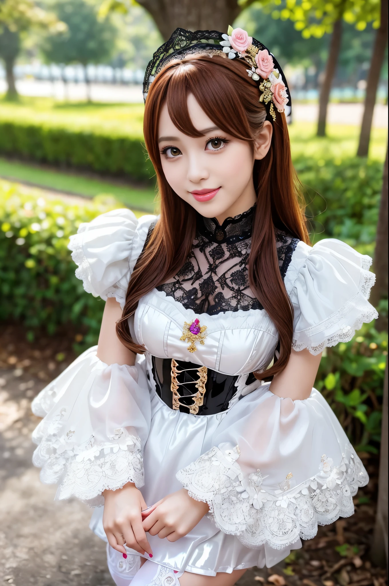nsfw, sexy stylish Thai princess, only 1 female, ((doll-like appearance)), short Auburn stylish hair, ((shiny Victorian-Style boots)), (big smile), ultra detailed eyes, vivid makeup, lipgloss, long lashes, defined eyebrows, ((sexy Paradise Kiss cosplay)), bell-shaped skirt, petticoats, high neckline, puffed sleeves, ((ultra detailed lace)), ((ultra detailed embroidery)), intricate details, Paradise Kiss accessoires and matching headpiece, choker, ((large sparkling Paradise Kiss jewelry)), cinematic light, detailed large park background with trees
